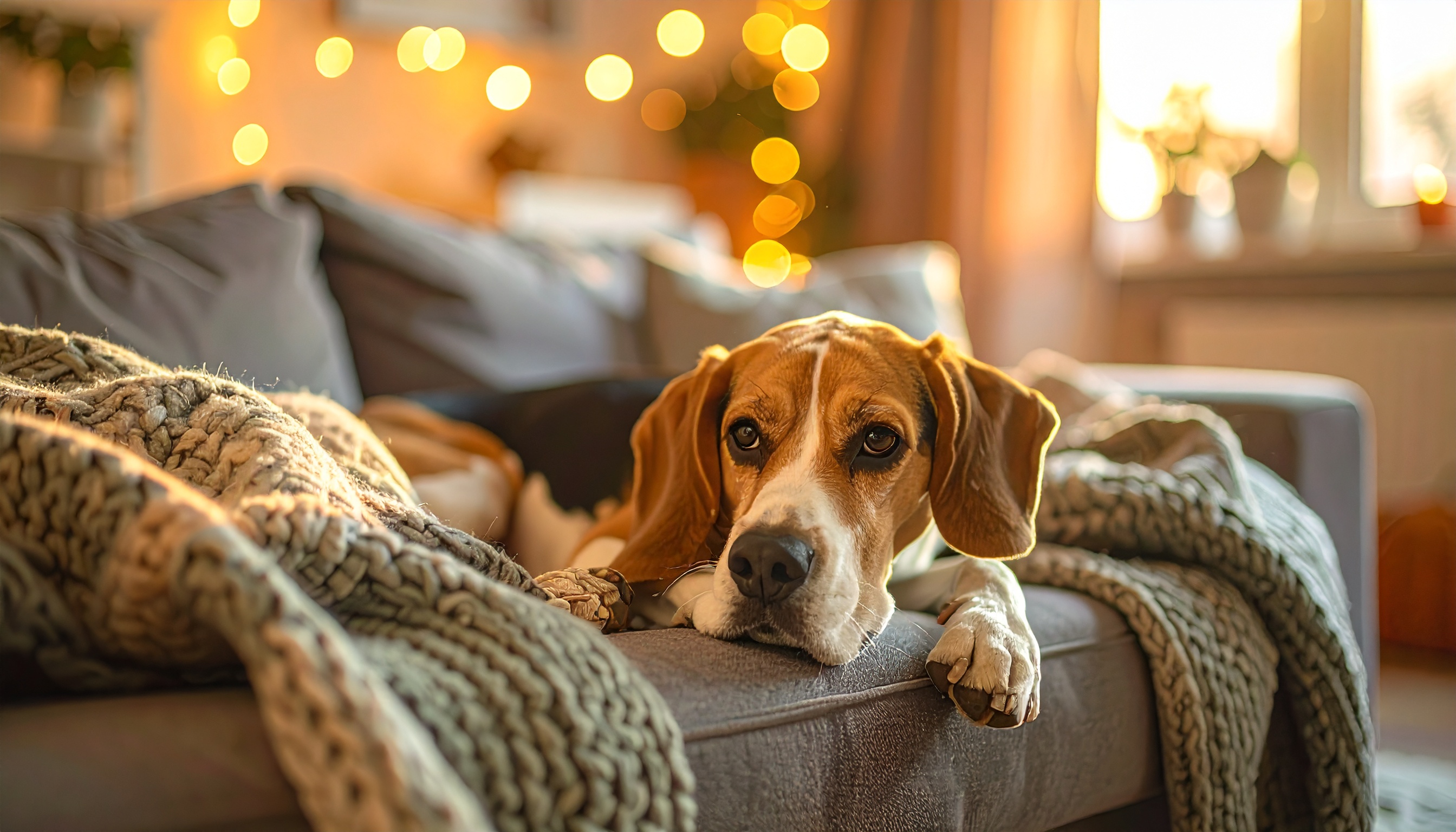 Cão deitado em um sofá cinza em um ambiente aconchegante, iluminado por luzes douradas suaves ao fundo. O animal está rodeado por mantas de tricô, criando uma sensação de conforto e tranquilidade. A iluminação suave destaca o pelo do cão e a textura das mantas, enquanto o foco nítido na face do animal contrasta com o fundo desfocado. A composição é equilibrada, transmitindo uma atmosfera calma e acolhedora.